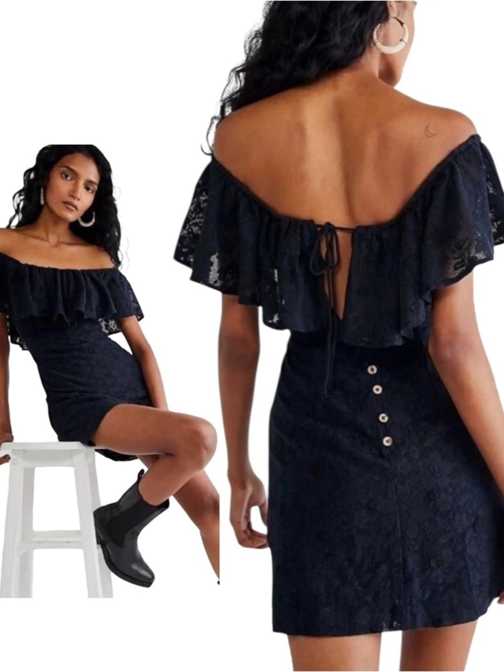 Free People Navy Lace Off Shoulder Mini Dress Boho Romantic Cottagecore - Picture 3 of 10